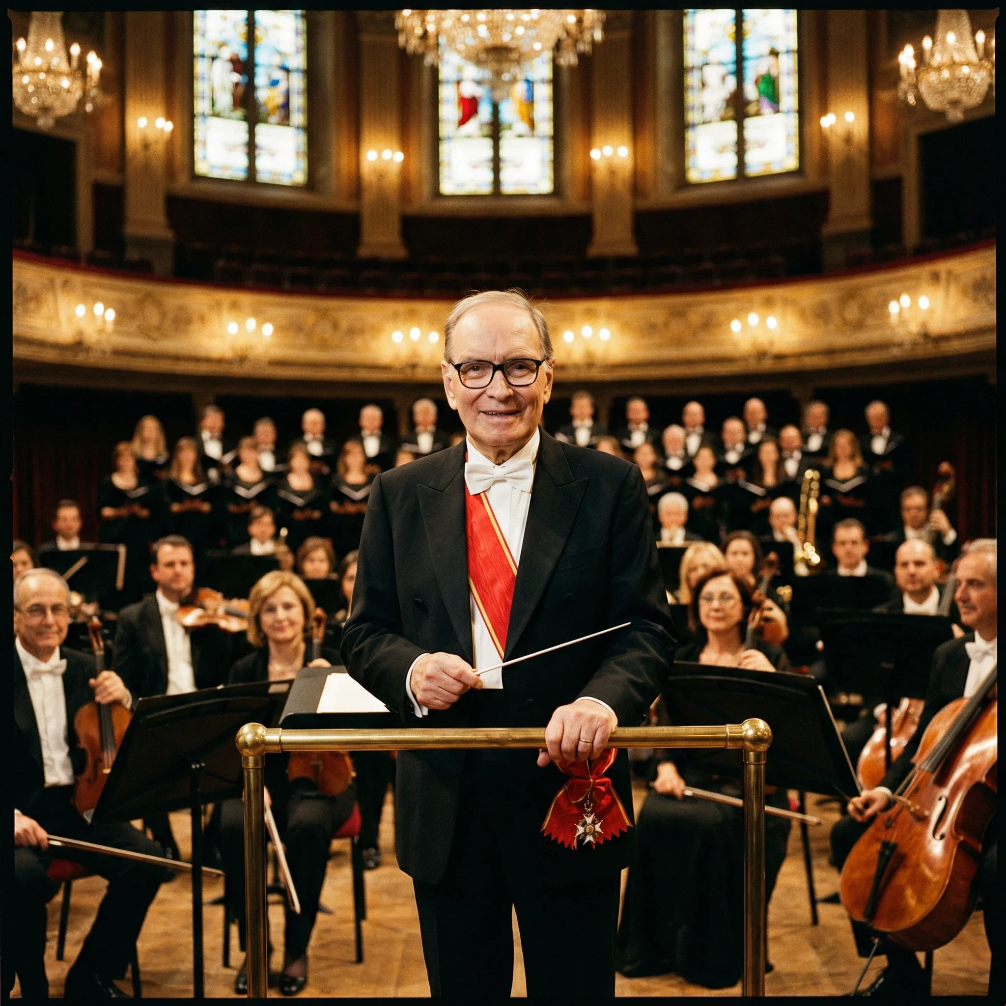 意大利电影配乐大师恩尼奥·莫里康内在音乐厅的肖像