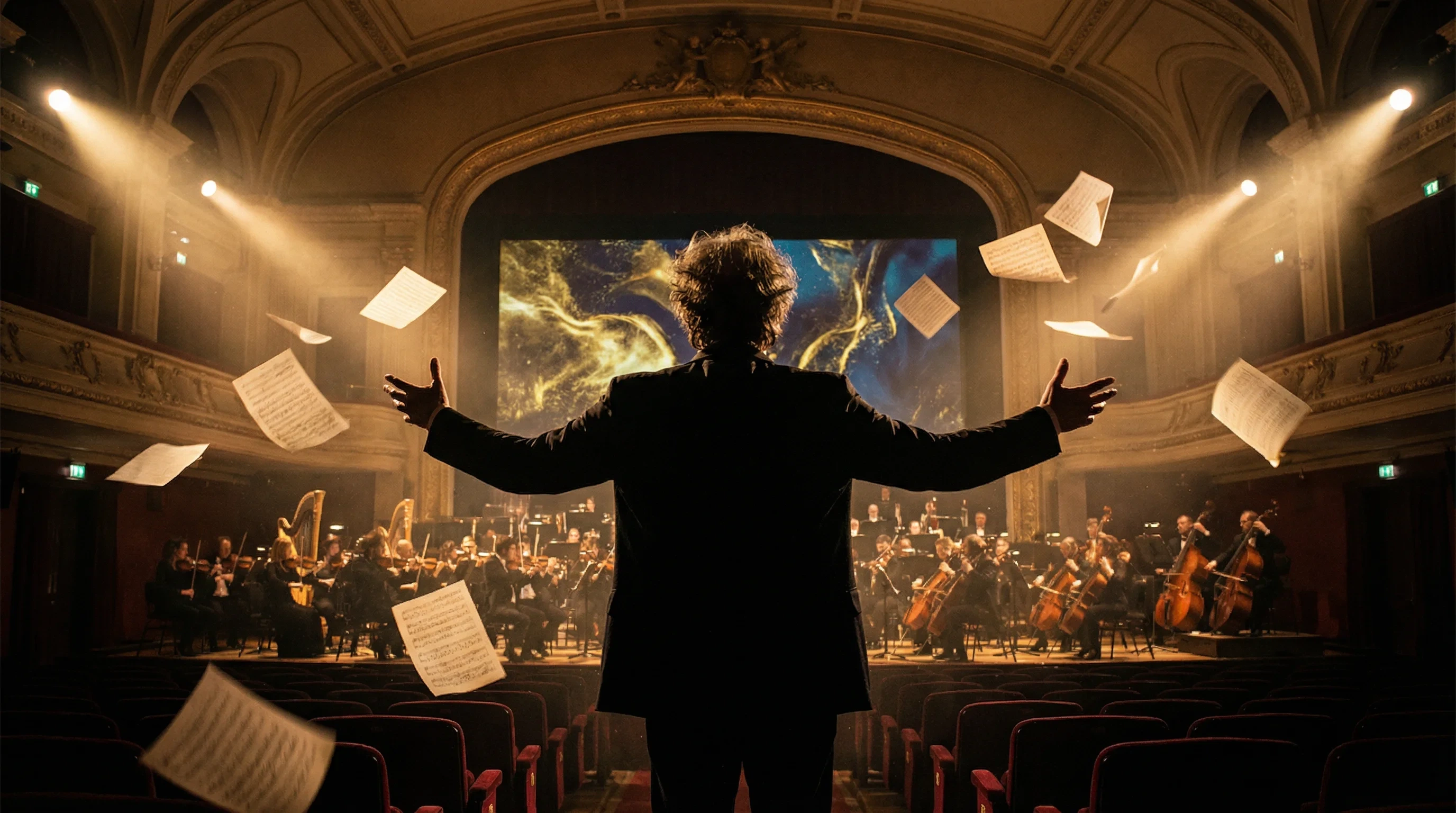 电影配乐大师汉斯·季默在音乐厅指挥交响乐团