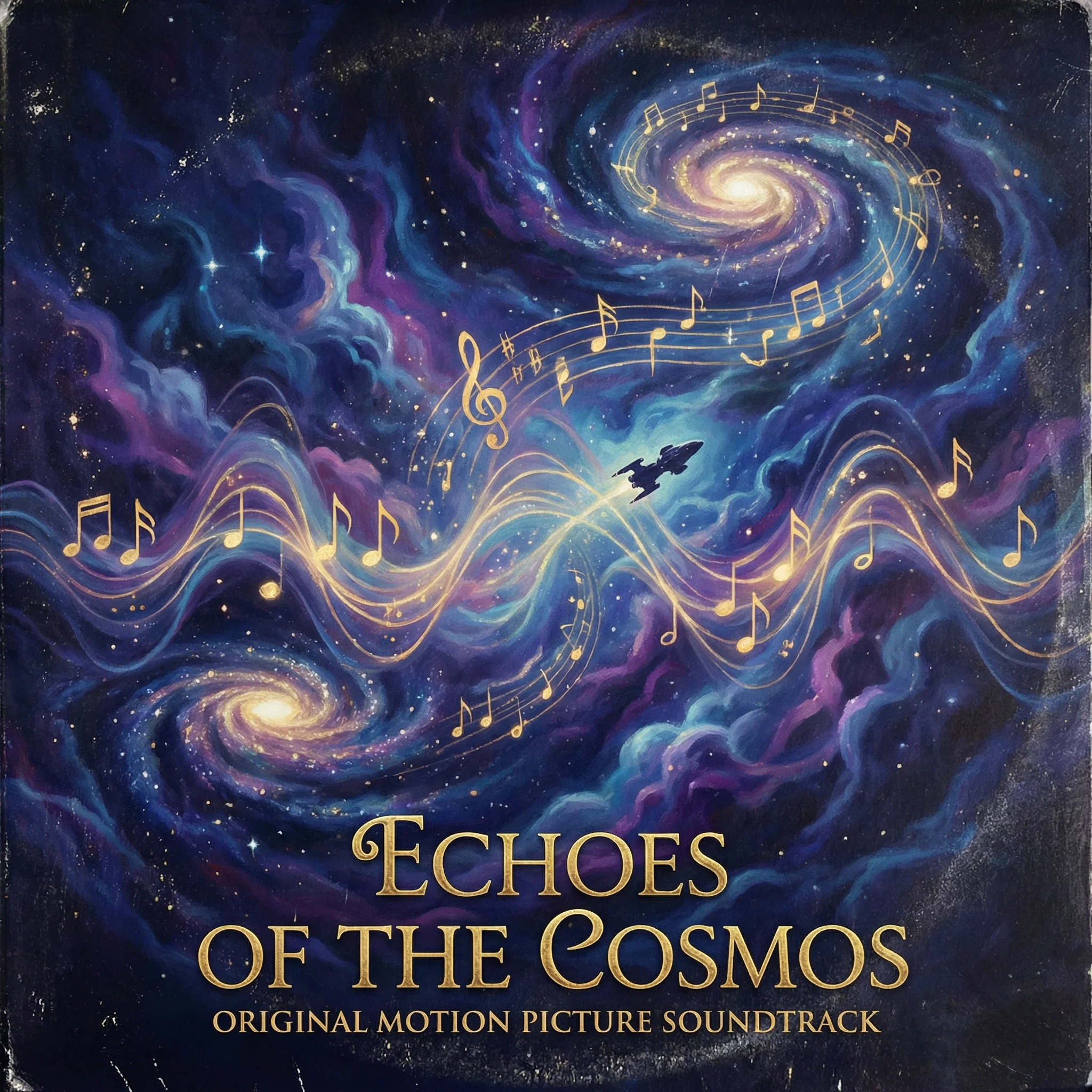 星际穿越电影原声带专辑封面，宇宙星空中的音符与飞船
